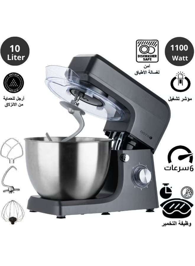 Dots Electric Wheel Stand Mixer 10L 1100W 6 Stainless Steel Bowl + Pulse Fermentation Function Whisk Hook Beater Safe to Wash Cordless Universal Universal Drive Safety Lock - Black - Image 1